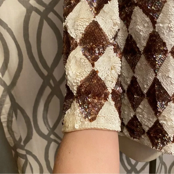 Vintage 60s Valentina Harlequin Sequin Wool Top Zip Up Back Approx Size XL - Picture 3 of 6